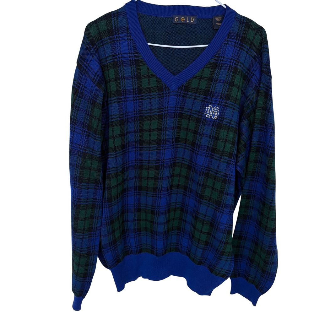 GOLD Notre Dame V-Neck Sweater Medium Men's Blue Green Plaid Pima Cotton‎ Irish